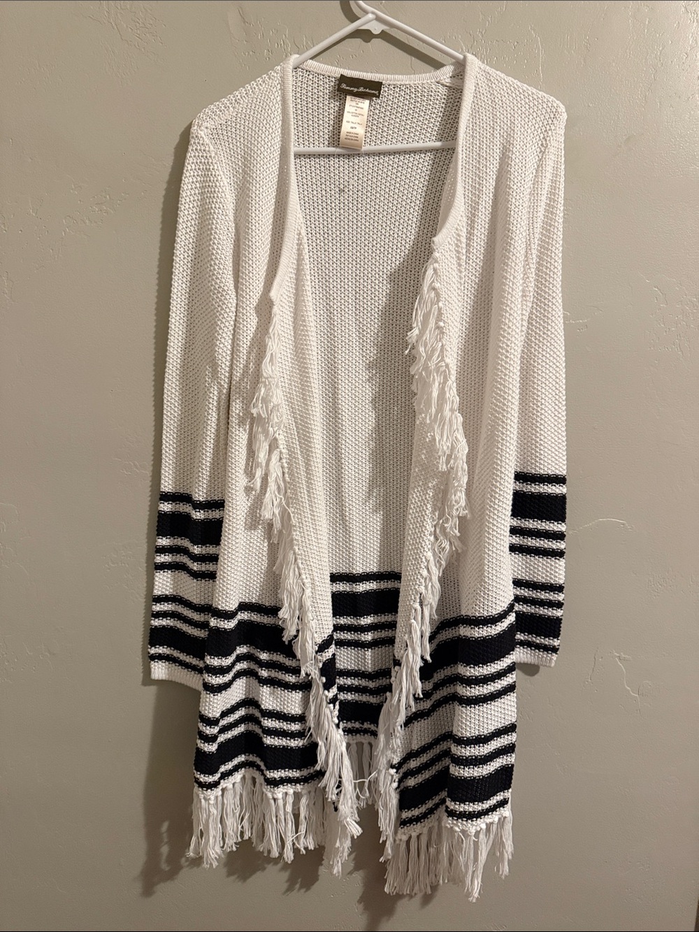 Tommy Bahama White Open-Front Fringe Long Cardigan with Black Stripes